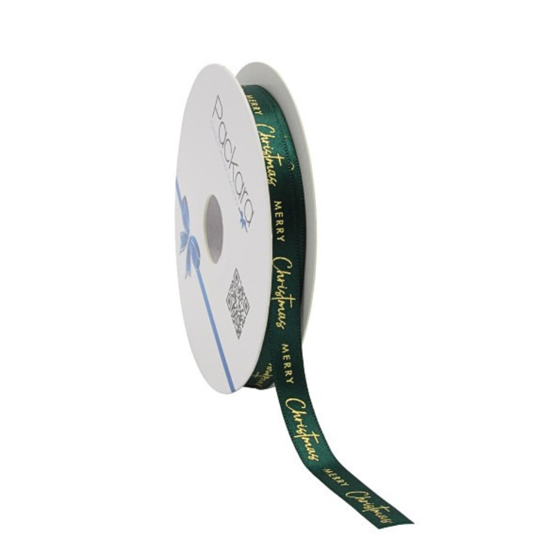 RUBAN EN SATIN VERT FONCE ET OR "MERRY CHRISTMAS" 10 MM x 20M