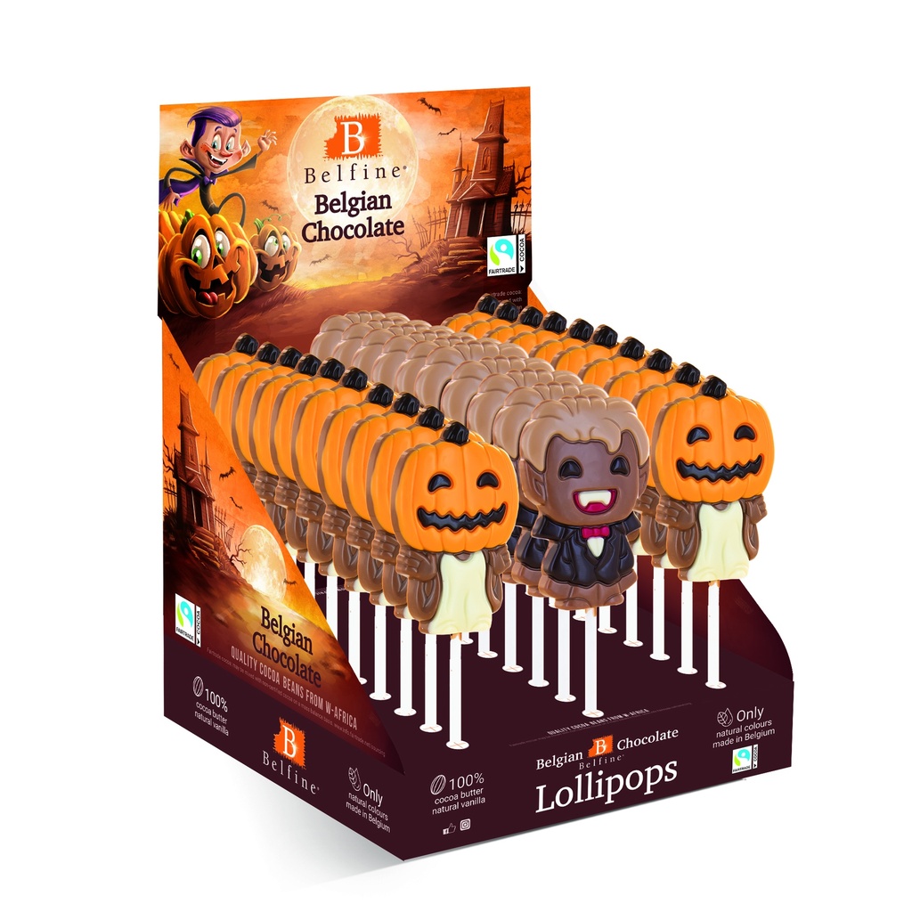 SUCETTE CHOCOLAT HALLOWEEN CITROUILLE(20)/VAMPIRE(10) LAIT COLORÉ 16.2CM 30X25GR