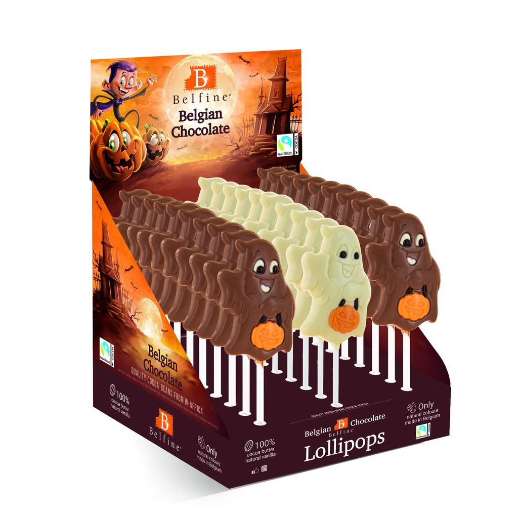 SUCETTE CHOCOLAT HALLOWEEN FANTOME BOO LAIT COLORE(20)& BLANC(10) 15,3CM 30X25GR