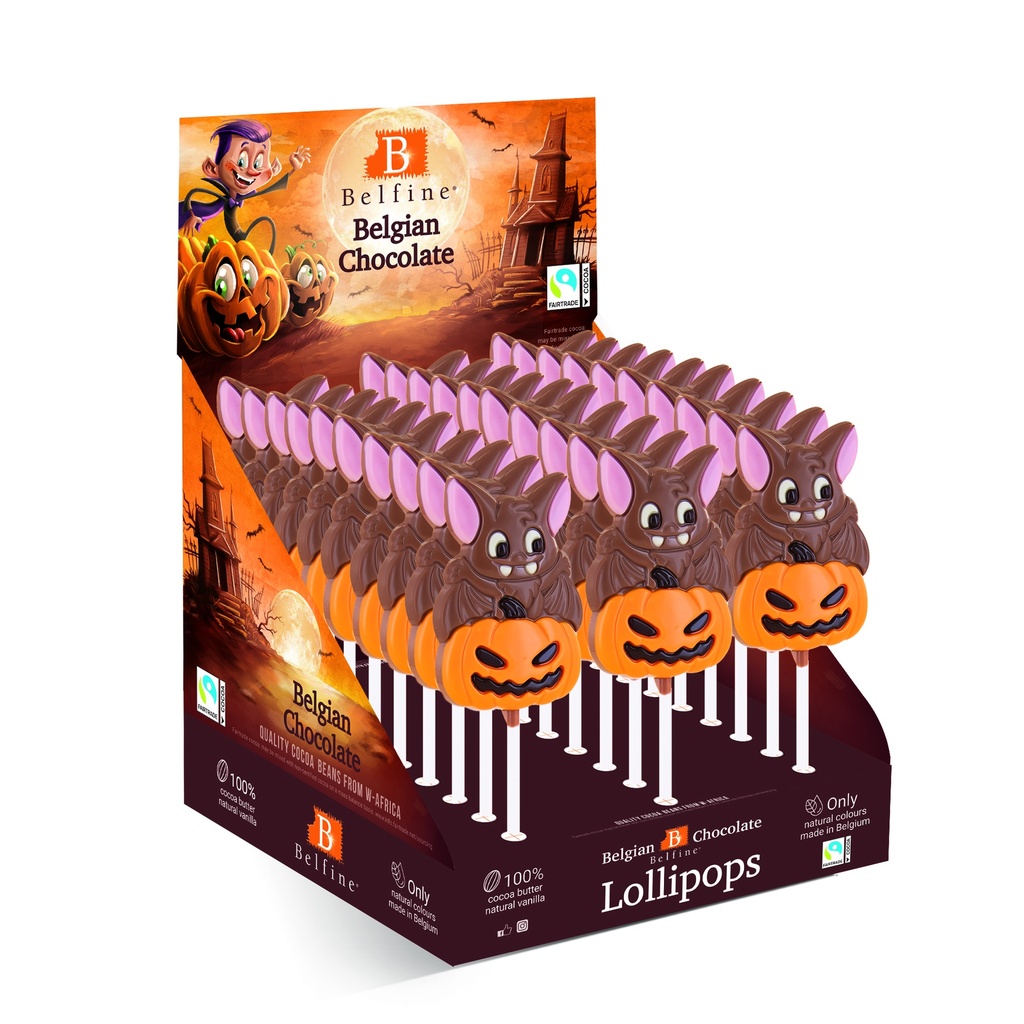 SUCETTE CHOCOLAT HALLOWEEN CHAUVE-SOURIS VICTOR SUR CITROUILLE LAIT COLORE 30X25GR