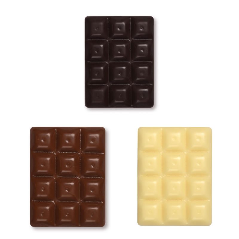 CHOCOLATE BAR ASSORTMENT PLAQUES 4 X 3CM - WHITE, MILK & DARK CHOCOLATE - 180PCS