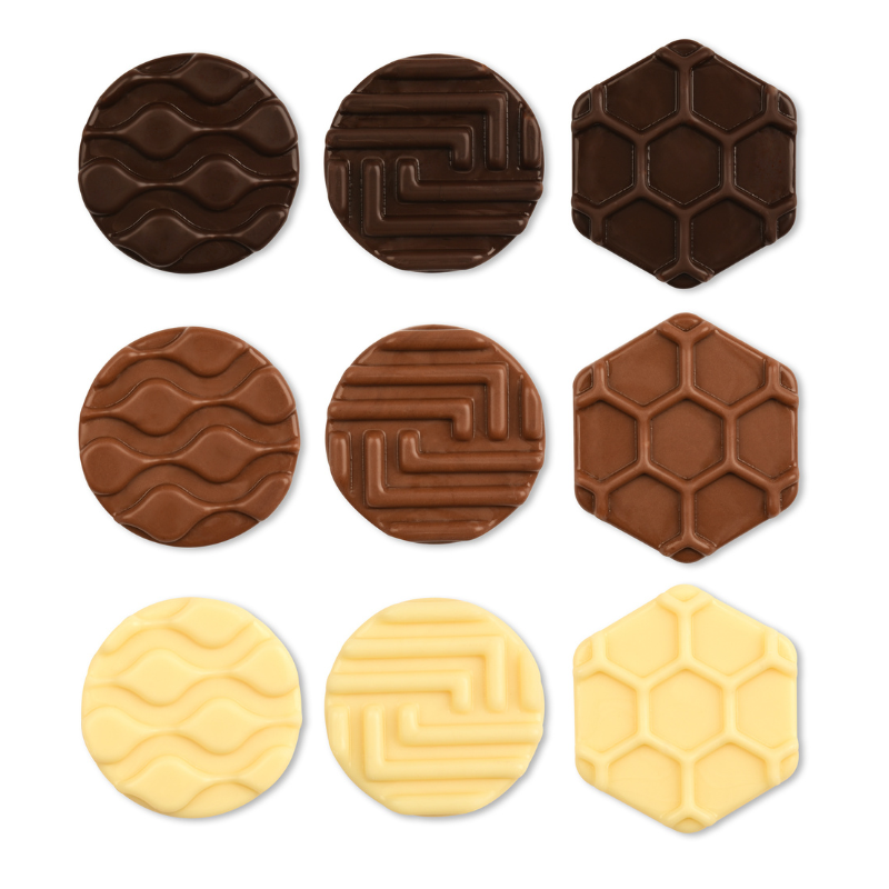 ASSORTIMENT DÉCORS CHOCOLAT 3 ASS. BLANC-LAIT-NOIR Ø3,6CM 45PCS
