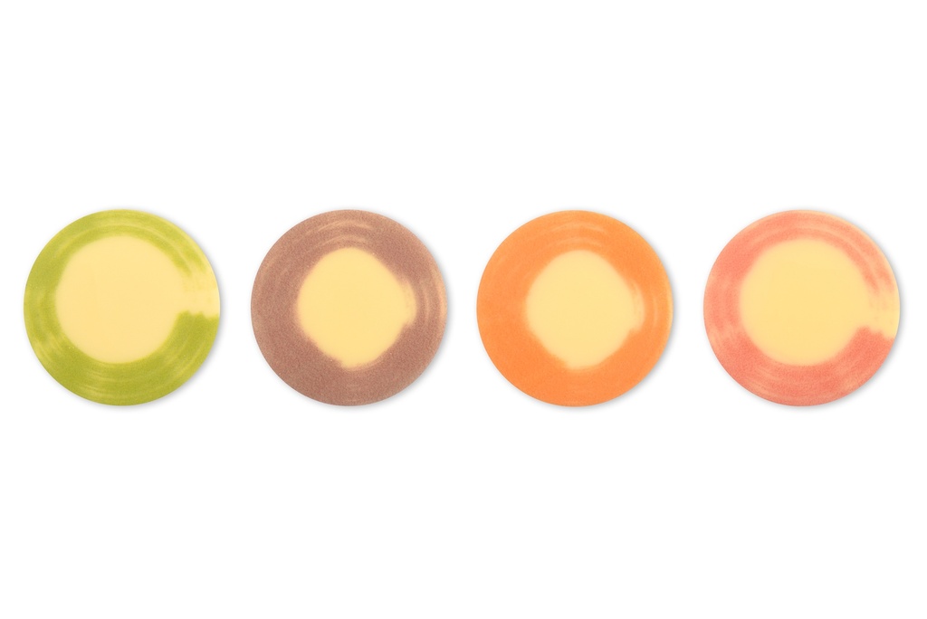 PLAQUETTE RONDES COLORÉS 4 ASS. CHOCOLAT BLANC Ø2,8CM 240PCS