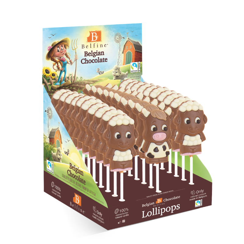 ASSORTIMENT BOERDERIJDIERENLOLLY'S 20X LENNY SCHAAP + 10X LOLA KOE - GEKLEURDE MELKCHOCOLADE - 16CM - 30 X 25G
