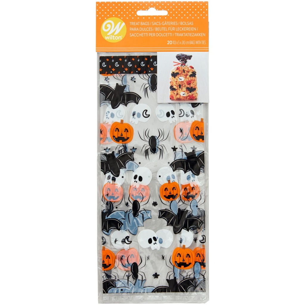 WILTON - TRANSPARANTE ZAKJES MET HALLOWEENMOTIEF - 10 × 5CM - H 24CM - 20STK.