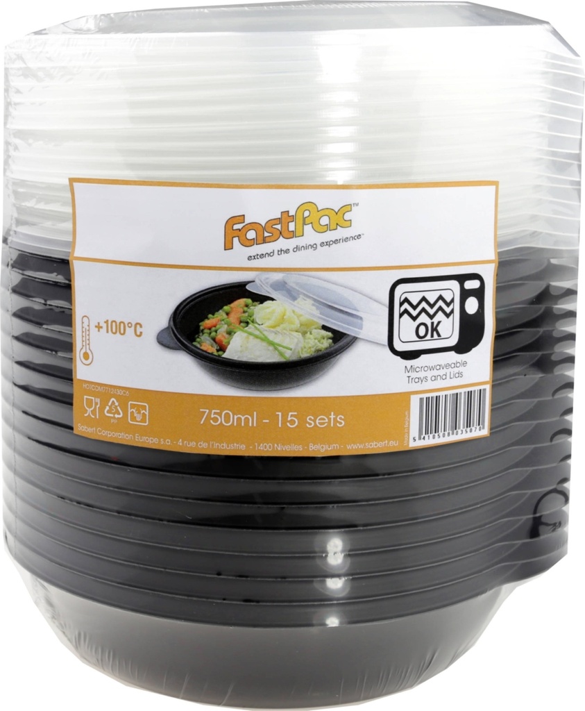 FASTPAC - RAVIER ROND EN PLASTIQUE NOIR AVEC COUVERCLE TRANSPARENT - Ø 20 CM - HT 43 MM - 750 ML - 15 PCS