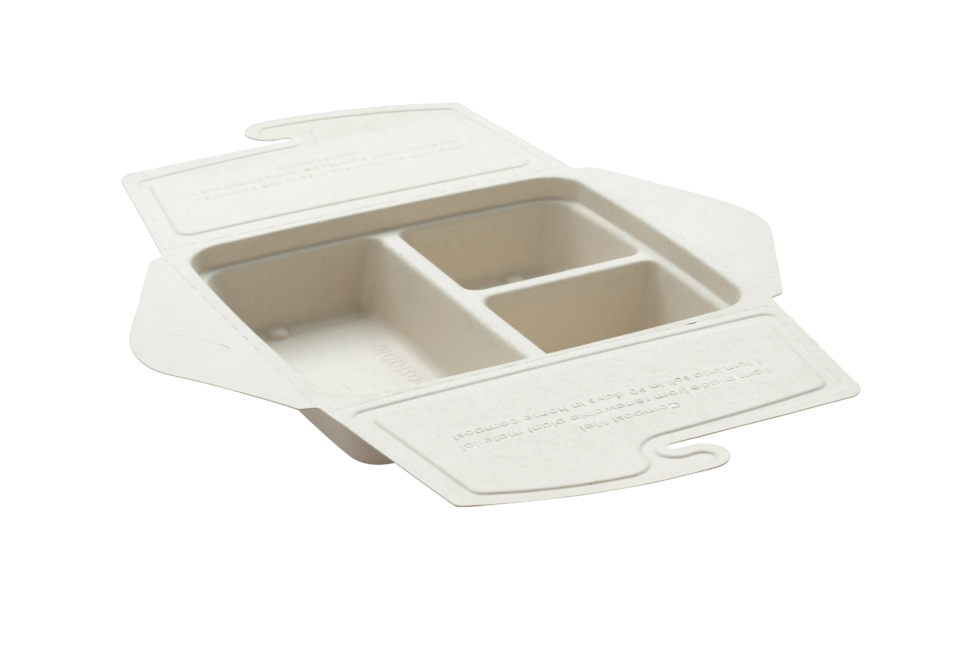 BOÎTE CARRÉE 3 COMPARTIMENTS REFERMABLE EN PULPE - 210 x 210 MM - HT 43 MM - 500 + 200 + 200 ML - 50 PCS