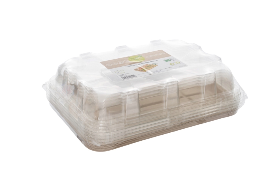 PLATEAU RECTANGULAIRE EN PULPE AVEC COUVERCLE PLASTIQUE - 350 x 240 MM - HT 110 MM - 5 PCS