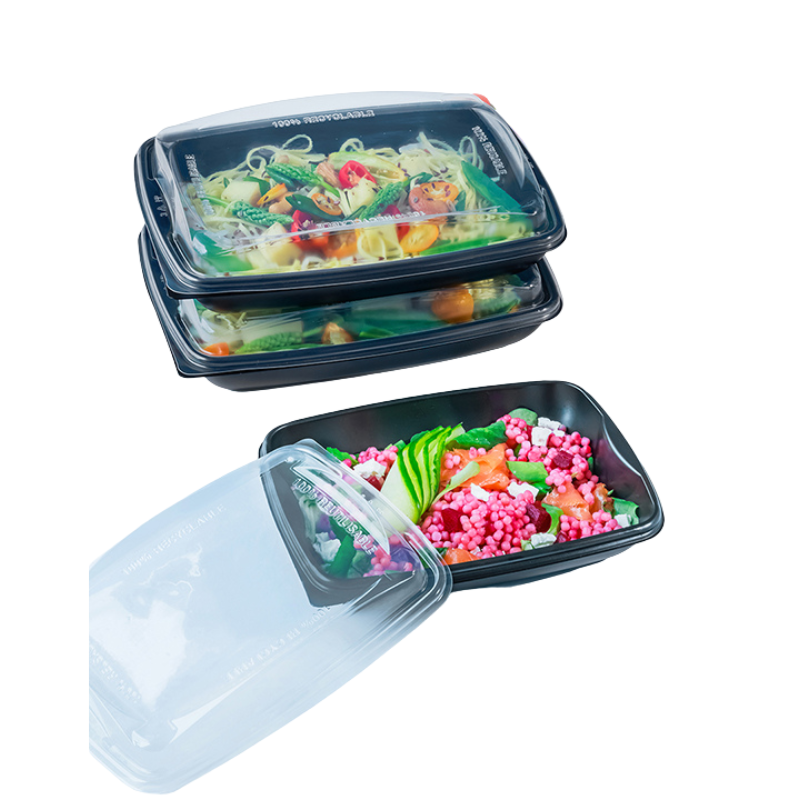 DELIVERIPACK - RECTANGULAR BLACK PLASTIC TRAY WITH TRANSPARENT LID - 232 × 172 MM - HEIGHT 60 MM - 950 ML - 30 PCS