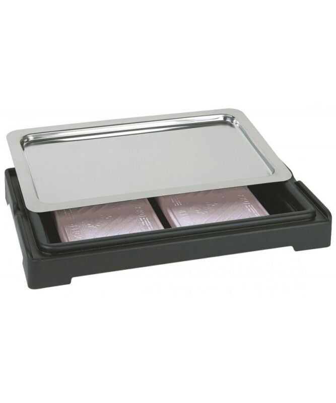 APS PRESENTOIR BUFFET GN1/1 REFRIGERE-PLAT INOX 18/10-SOCLE NOIR-2 ACCUMULATEURS DE FROID