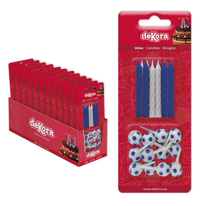 BOUGIES + BOBECHES BALLONS DE FOOT BLEU  ET BLEU 12 SETS