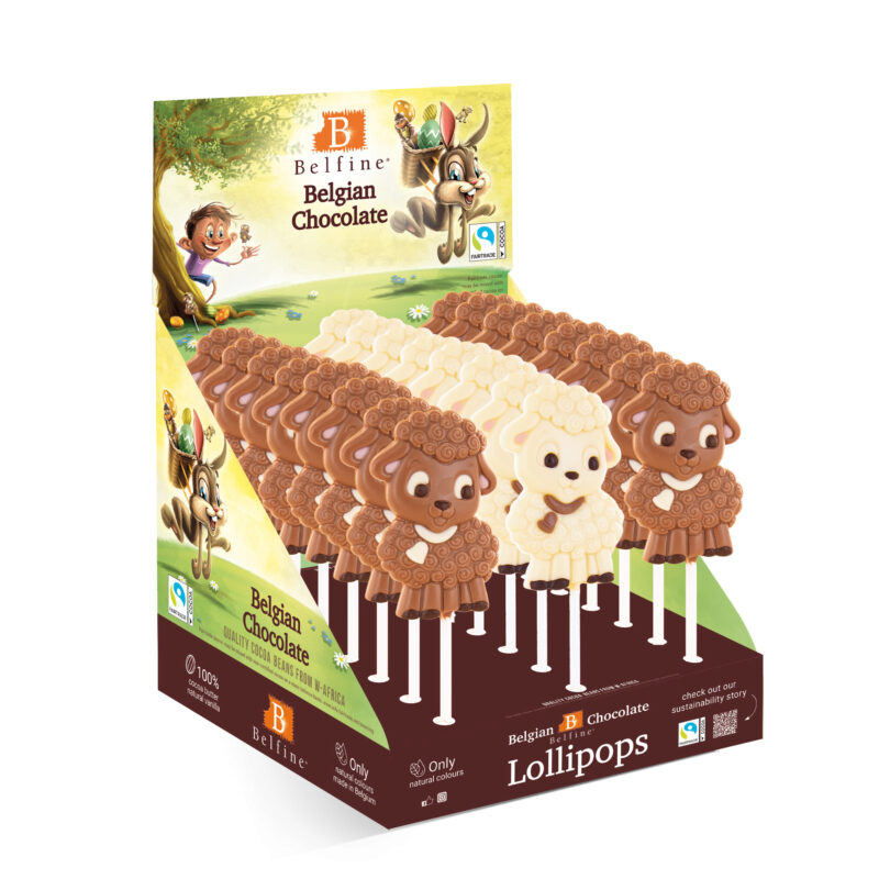 BETTY LAMB ASSORTED MILK CHOCLATE LOLLIPOPS 14.9CM 24X35GR