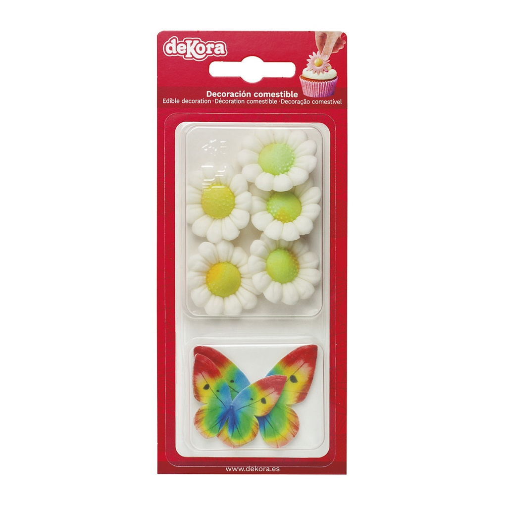 5 SUGAR FLOWERS AND 4 WAFER BUTTERFLIES