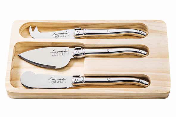 LAGUIOLE SET OF 3 STAINLESS STEEL CHEESE KNIVES (WOODEN BOX)