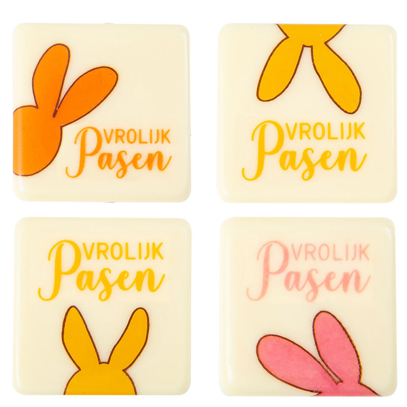 2069170 VROLIJK PASEN GEKLEURD VIERKANT BORD 38MM CHOCOLADE 120 ST ***S/CD***