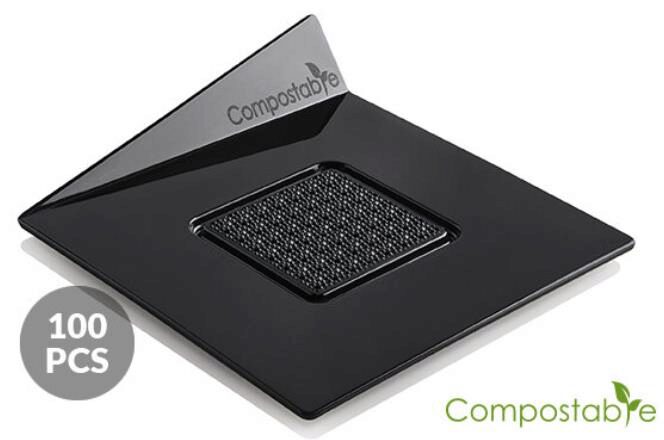 BLACK PLATE/TRAY SQUARE 83X83MM COMPOSTABLE 100PCS