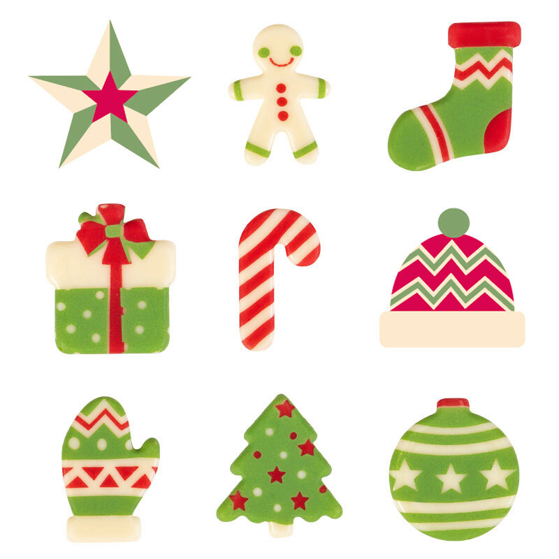 2013618 ASSORTMENT OF CHOCOLATE CHRISTMAS DECORATION RED/GREEN/WHITE 135 PCES