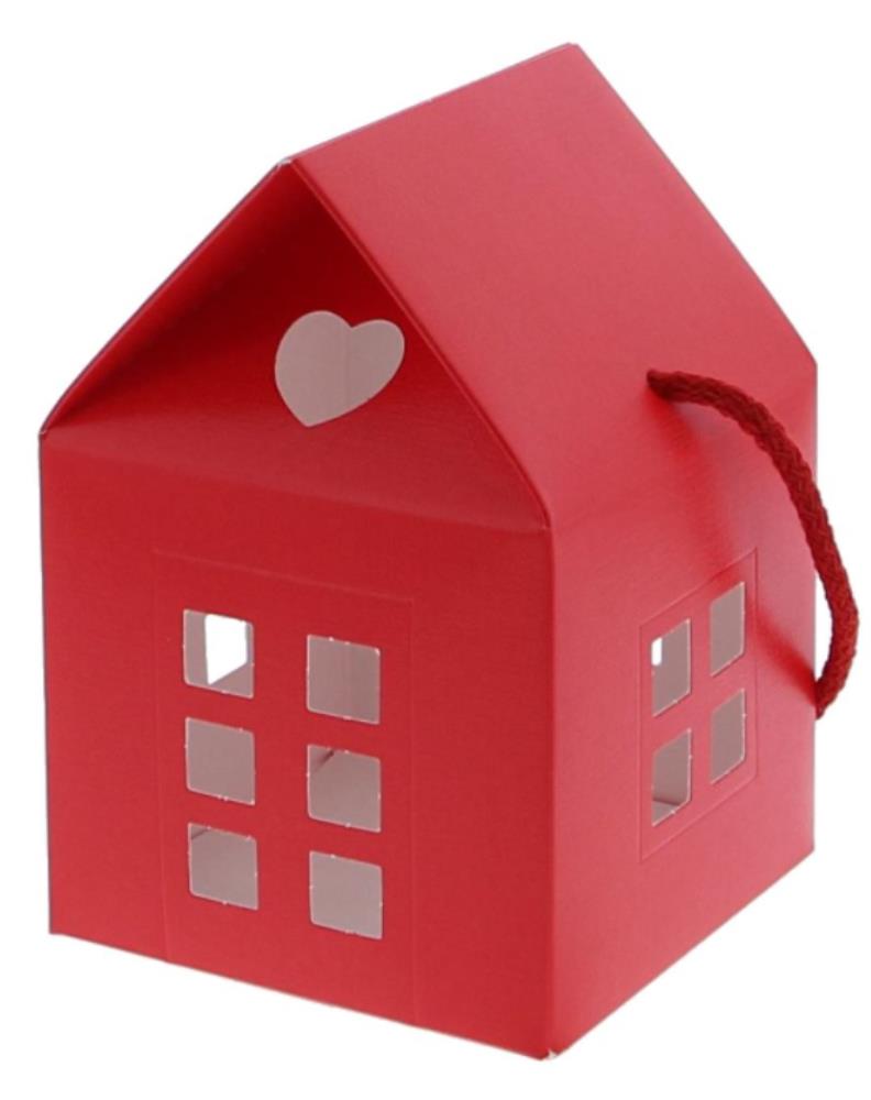 ROOD HUIS KARTONNEN DOOS "LINO ROSSO" MET TOUW 10X10XHT14.5CM