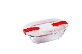 PYREX COOK&HEAT VIERKANTE SCHAAL 17X10XH5CM 0.40L MET DEKSEL 2 STOOM-BOROSILICAAT KLEPPEN -40+300°