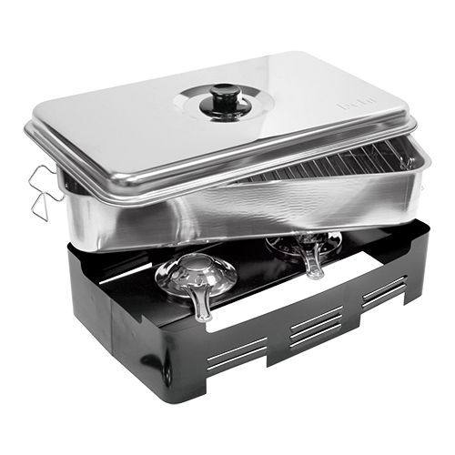 ROESTVRIJSTALEN ROOKBOX 2 GRILLS 20X45X27CM VOOR ALCOHOLBRANDER OF GASKOOKPLAAT