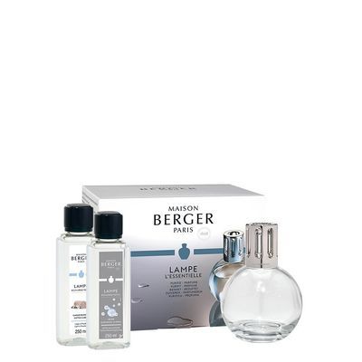 LAMPE BERGER COFFRET ESSENTIELLE RONDE VERRE TRANSPARENTE + AIR PUR + CARESSE DE COTON