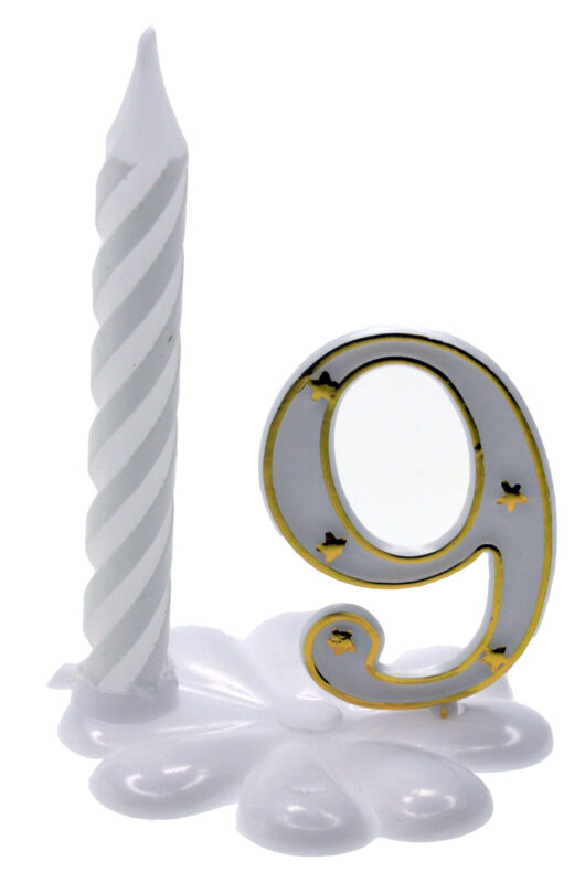 CIJFERS + PLASTIC VOET N°9 WIT EN GOUD + KAARS PAK VAN 10 STUKS