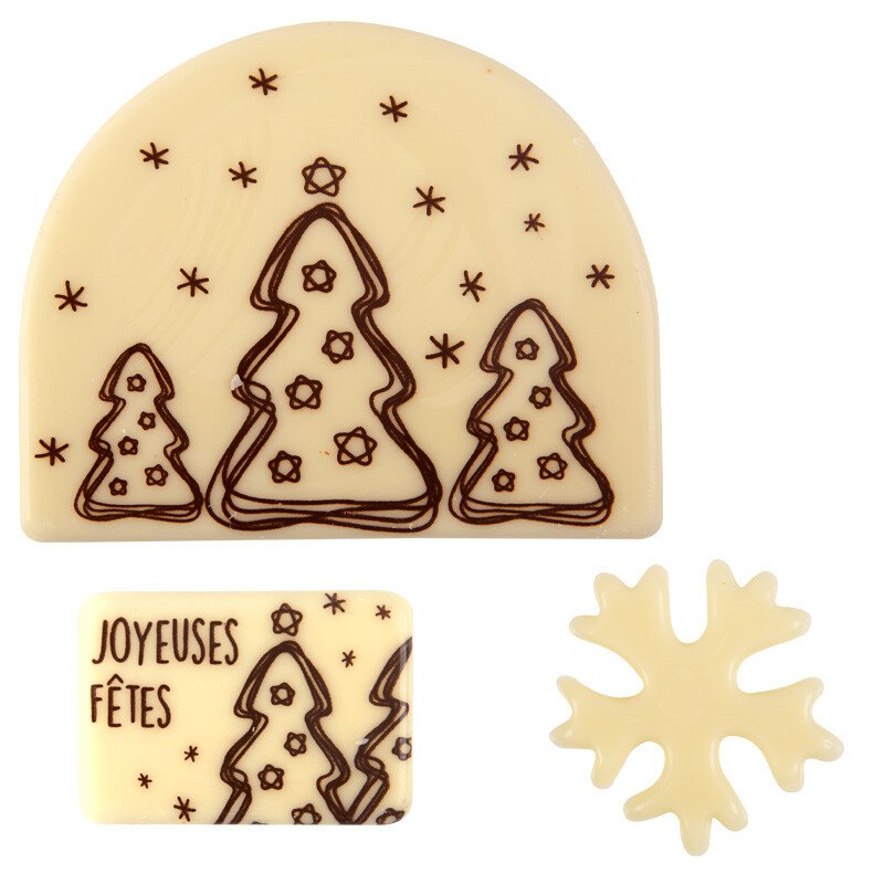 15702 CHOCOLADE DECORATIESET 1 HOUTBLOK HAPPY HOLIDAYS WITTE CHOCOLADEBOOM