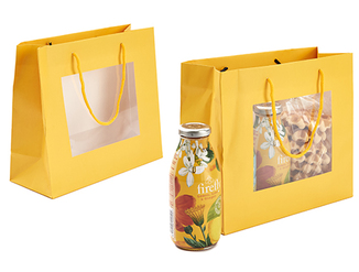 SAC JAUNE AVEC FENÊTRE ET ANSES 25x10CM HT22CM