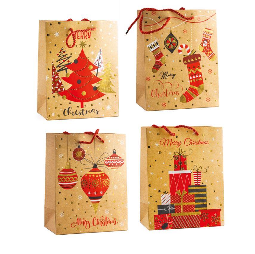 SAC KRAFT NOEL MOTIFS ROUGES VARIABLES 18X10XH23CM