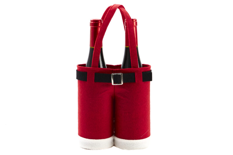 SAC PANTALON EN FEUTRE ROUGE NOËL 2 BOUTEILLES DE VIN 20XH19CM
