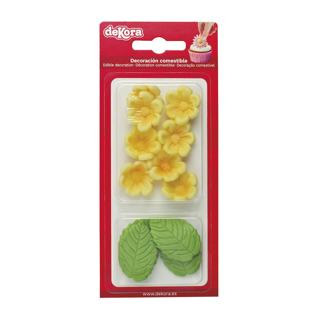 8 YELLOW FLOWERS AND 5 GREEN LEAVES IN SUGAR