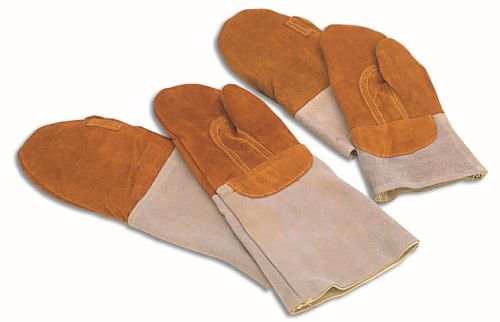 MATFER PAIRE MOUFLES CUIR ORANGE THERM. 250° 40CM  CROUTE CUIR DOUBLEE LAINE