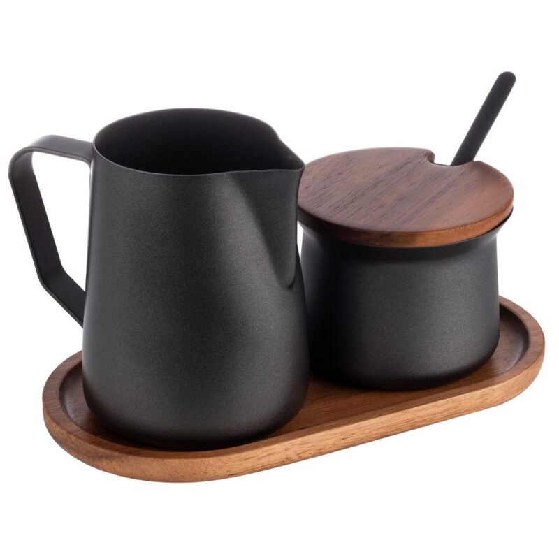 APS "BARISTA" SUGAR/CREAMER SET + ACACIA TRAY 19X10CM
