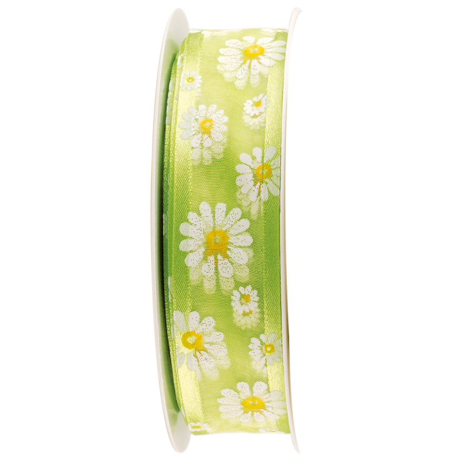 RUBAN VOILE VERT FLEURS 25MMX25M FOST+ INCLUS