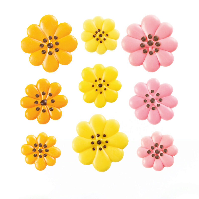  1034375 ROZE/GELE/ORANJE BLOEMEN Ø 25-30-35MM IN CHOCOLADE 162 STUKS ***OP BESTELLING***