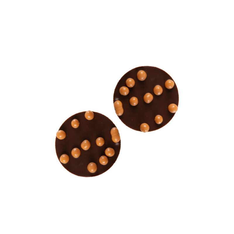 2035380 DARK CHOCOLATE DISC WITH CRISPEARL CARAMEL 3CM 140 PCES ***ON ORDER***