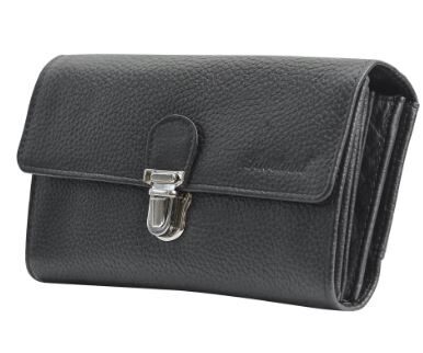 BLACK LEATHER WALLET 5 POCKETS 2 ZIPPERS + BELT METAL CLOSURE
