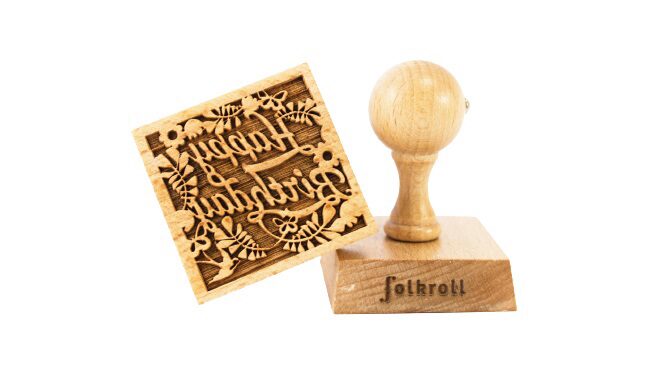 FOLKROLL SQUARE COOKIE STAMP “HAPPY BIRTHDAY” WOOD