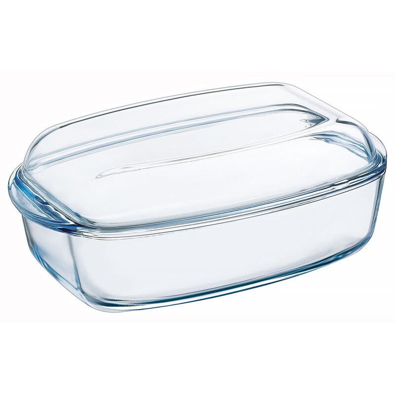 PYREX RECHTHOEKIGE OVENSCHAAL 37 X 22CM - H 15CM IN BOROSILICAATGLAS 4,4L + DEKSEL 2,3L -40 TOT +300°C