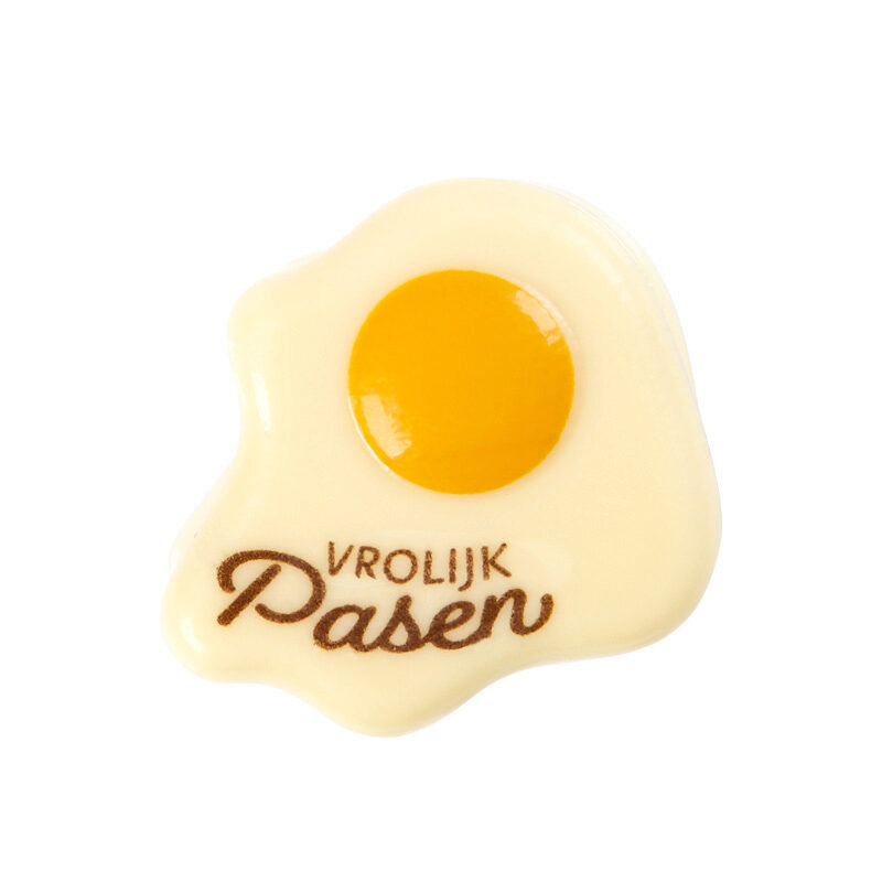 2069089 VROLIJK PASEN GEBRADEN EIERPLAAT 40X38MM WITTE CHOCOLADE 120 ST ***S/CDE***