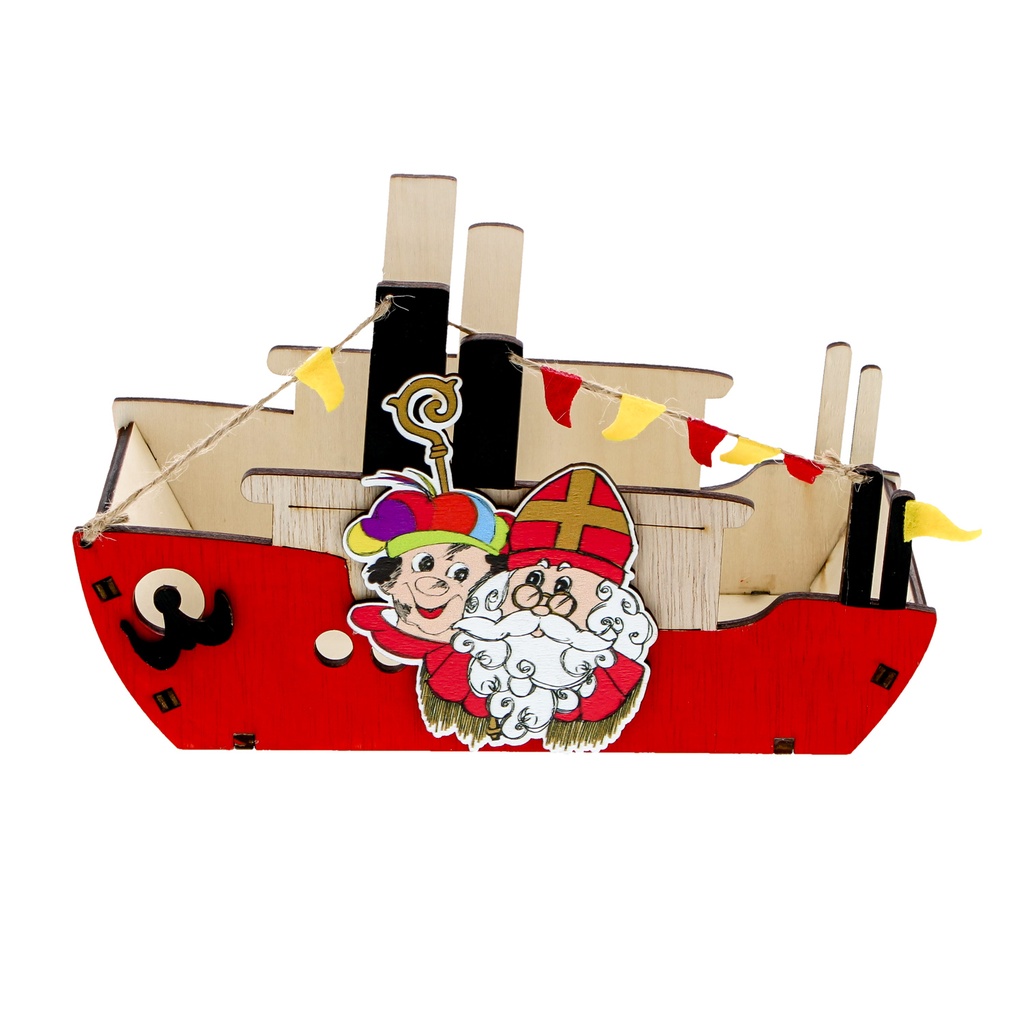 SAINT NICHOLAS AND FATHER FUETTARD WOODEN BOAT 21X10XH12CM