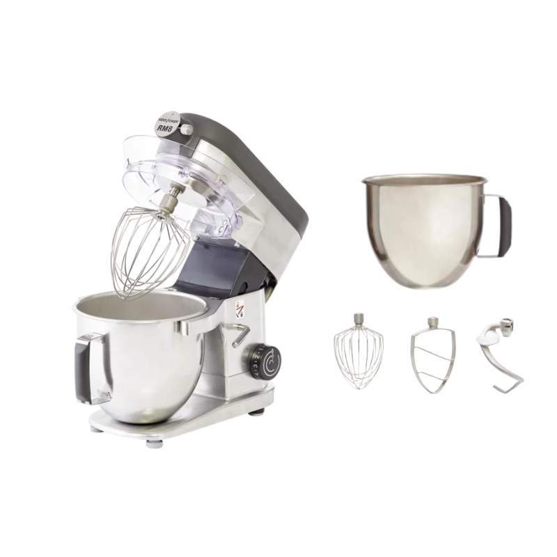 ROBOT COUPE MIXER KLOPPER RM8 +5AP - 700W MONOFASE + 2 KOMMEN 7,6 L & 5,5 L + 2 GARDES + 2 PLATTE MENGERS + 2 SPIRALEN MET ACCESSOIREAANSLUITING