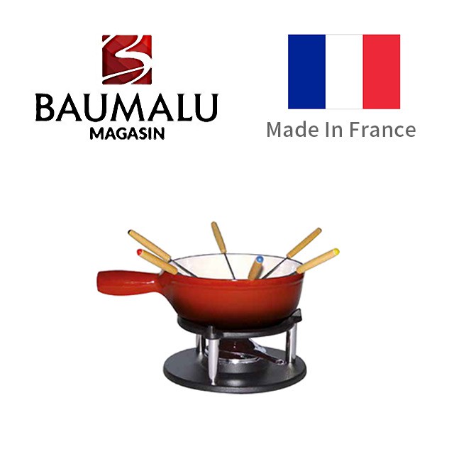 BAUMALU SAVOYARD FONDUE RED CAST IRON 24XH9CM CAQUELON WITH HANDLE - 8 TO 10 P