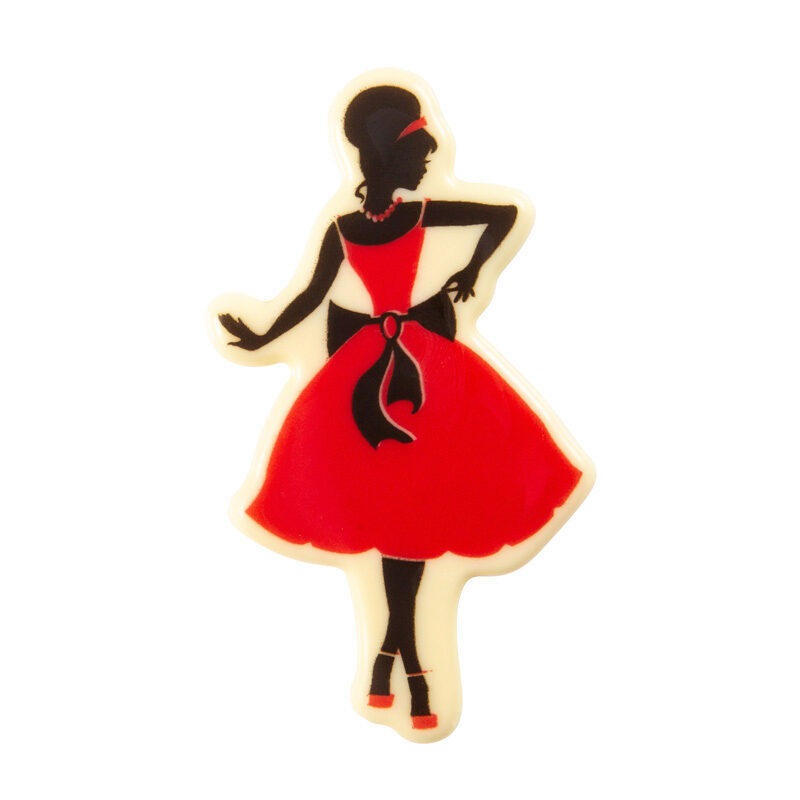 2011070 PLAQUETTE MAMAN ROBE ROUGE 95X56MM  CHOCOLATBLANC  24 PCES ***S/CD***