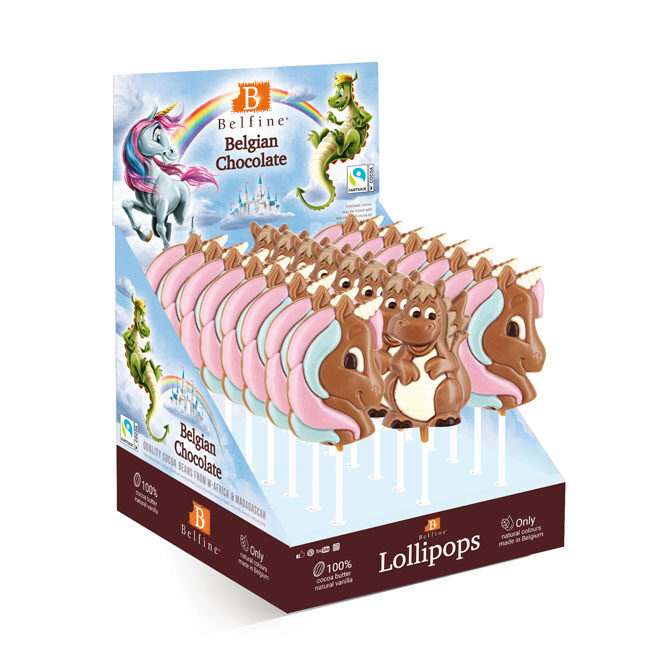 CHOCOLADELOLLIES 16 X UNICORN IMANE EN 8 X DRAGONS ELIOT GEKLEURDE MELK 24 X 35GR