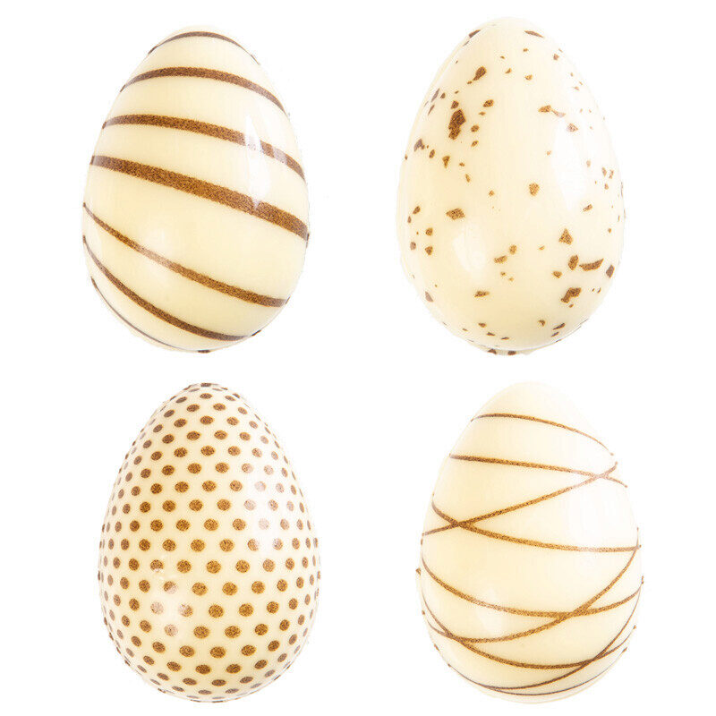 2069480 ŒUFS 3D MOTIFS LIGNE/POIS/TACHE 38X24MM 6 ASSORTIMENT CHOCOLAT BLANC 96 PCES
