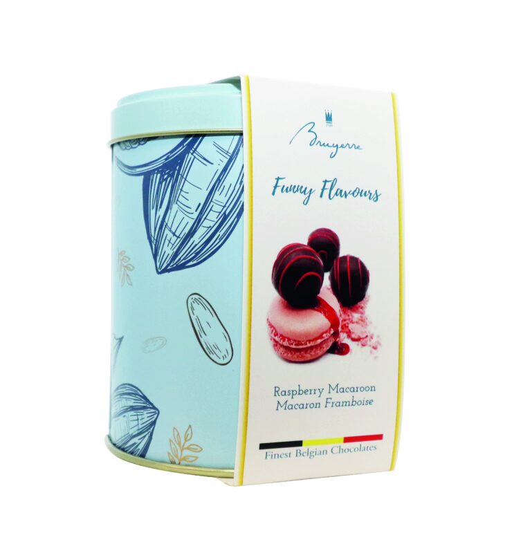 BRUYERRE METALEN DOOS MET FRAMBOOS MACARON TRUFFEL100GR