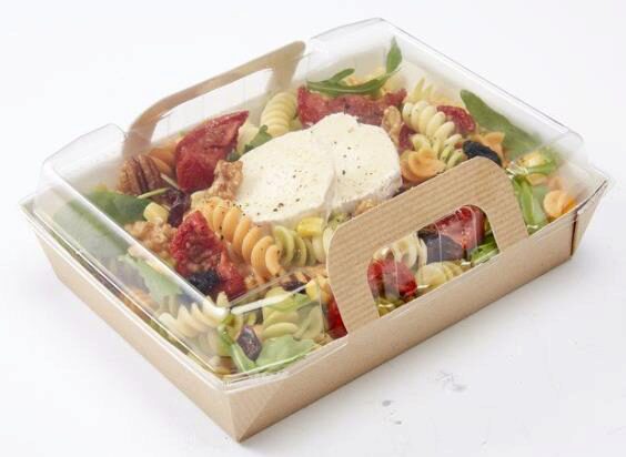 RECHTHOEKIGE KRAFT SALADEKOM 1350ML 90X150X75MM + TRANSPARANT DEKSEL VERPAKKING VAN 25 STUKS