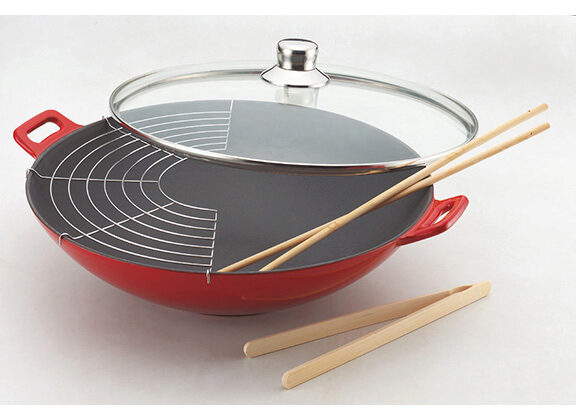 BAUMALU WOK GIETIJZER 36CM ROOD MET GLAZEN DEKSEL
