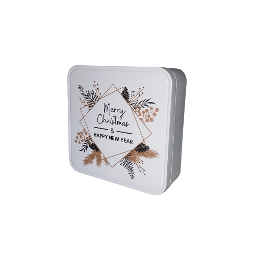 WHITE SQUARE BOX MERRY CHRISTMAS & HAPPY NEW YEAR 13.2X13.2XH4.5CM FOST+ INCLUDED